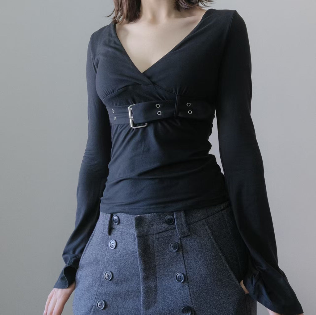 Black V-Neck Metal Button Top