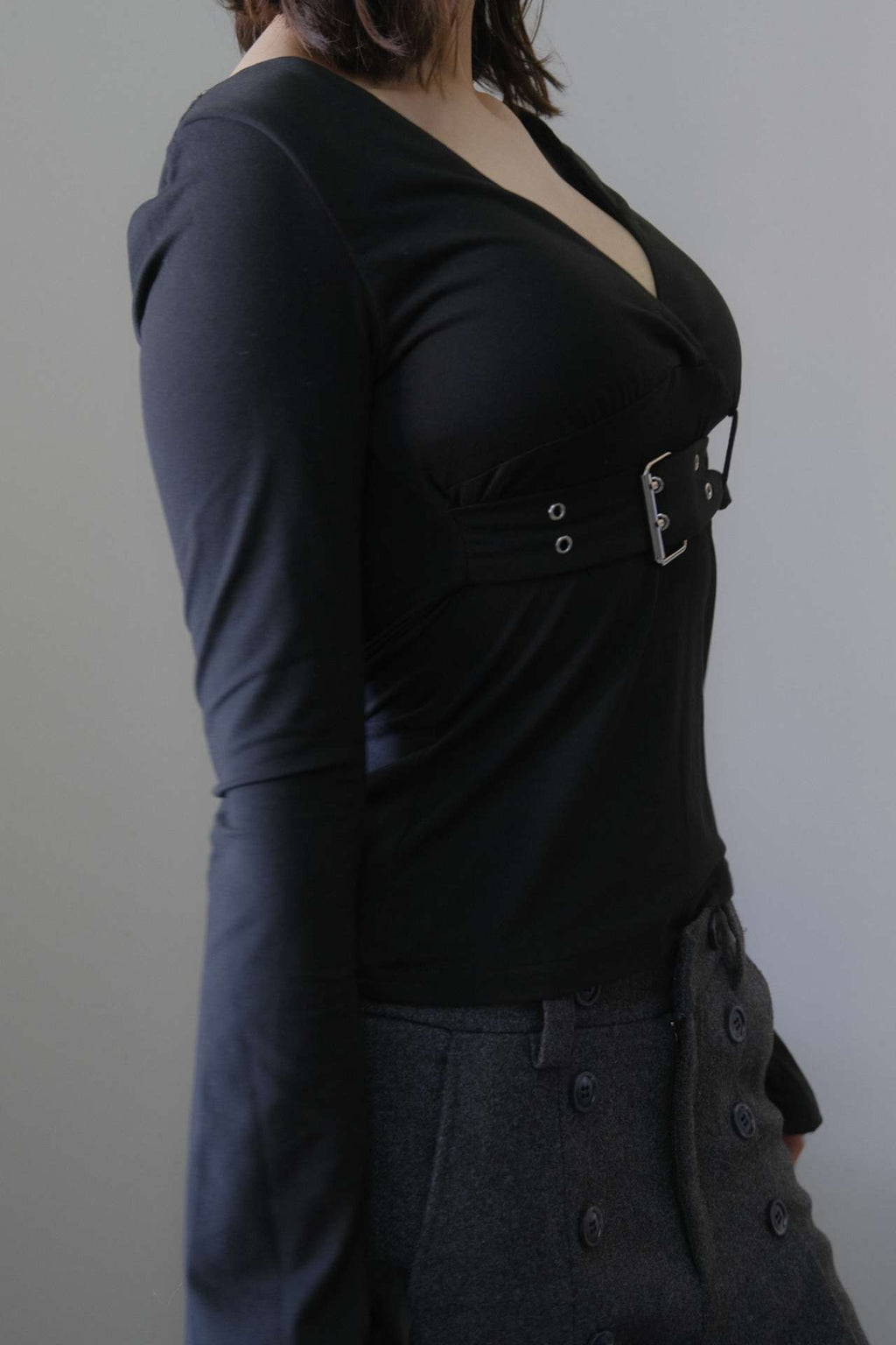 Black V-Neck Metal Button Top