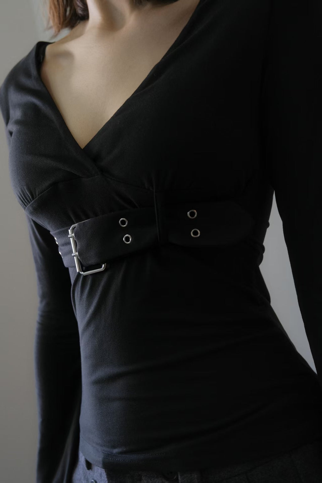 Black V-Neck Metal Button Top