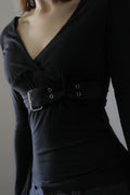 Black V-Neck Metal Button Top