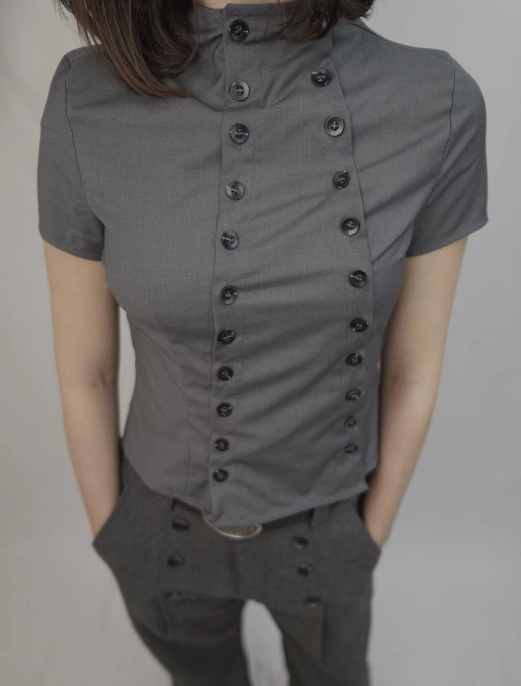 Structured Button Top – Charcoal Grey
