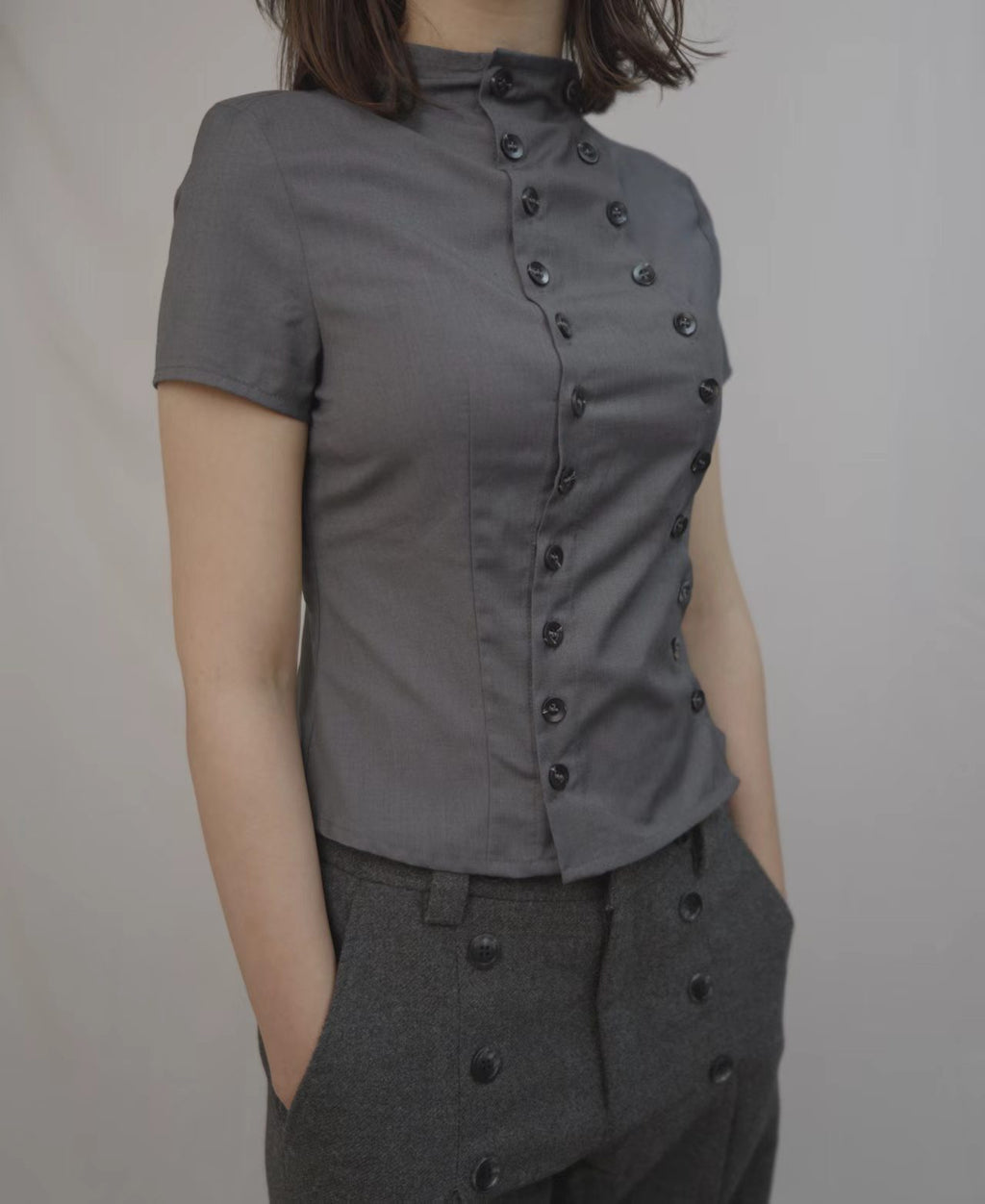 Structured Button Top – Charcoal Grey